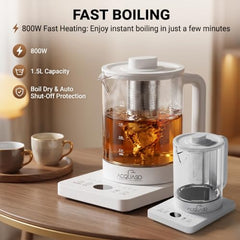 Boil Pro Smart Electric Kettle Glass 1.5L | Thermostat | 800W with 10 Preset Modes & Live Temperature Display | Smart | Inner Steel Plate Lid & Base | Steel Infuser | 60 CM 3pin Cable | acquaso