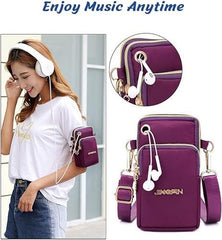 MOMISY Small Cross Body Bag, Multifunction 3 Layer Mini Shoulder Bag Phone Purse Armband with Headphone Port for Teens Girls Ladies Women (Purple)
