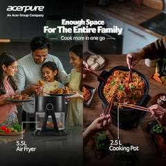 Acerpure Air Fryer | 100% Glass Bowl | 90% Less Oil | 5.5L Air Fryer + 2.5L Cooking Pot | Air Fry, Toast, Reheat, Grill, Cook | 360° TurboHeat Technology | Preset Modes | 1500 Watts | Black