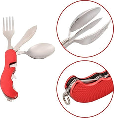 MOMISY 4 in 1 Detachable Multi-Tool Picnic Camping Stainless Steel Folding Cutlery Set Pocket Knife Fork Spoon Bottle Opener-Red