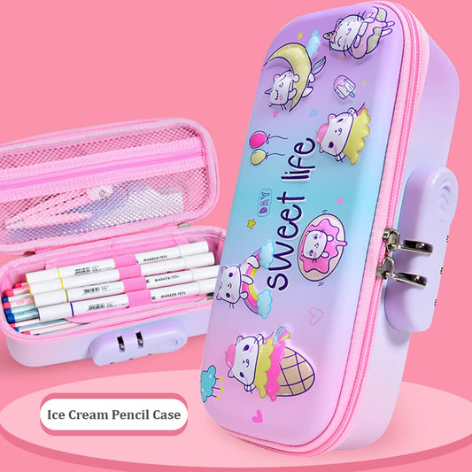SYGA Large Capacity with Cute Cat Design, Compartment & Zipper Pencil Pouch Combination Lock, Primary School Students Kindergarten Multi-Layer Pencil Pouch for Boys and Girls (Purple)