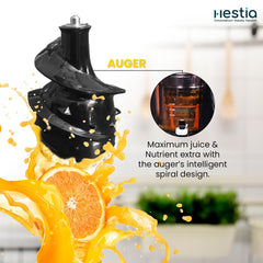 Hestia Nutri-Max Cold Press Slow Juicer, 240 W motor | Patented Auger technology for 3x more juice | 3 Strainers for Juices, Sorbets, Nut Milk, etc | Longest warranty, easy usage | Red Wine