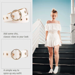 SYGA Women's PU Leather Belt Round Buckle Eyelet Waist Belt, Beige (Pack of 1)