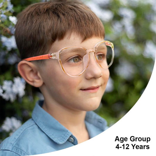 SYGA Children's Lightweight Anti-Blue Light Glasses Round Frame Comfortable Kids For Age 4-12Years old(Transparent orange frame orange legs)