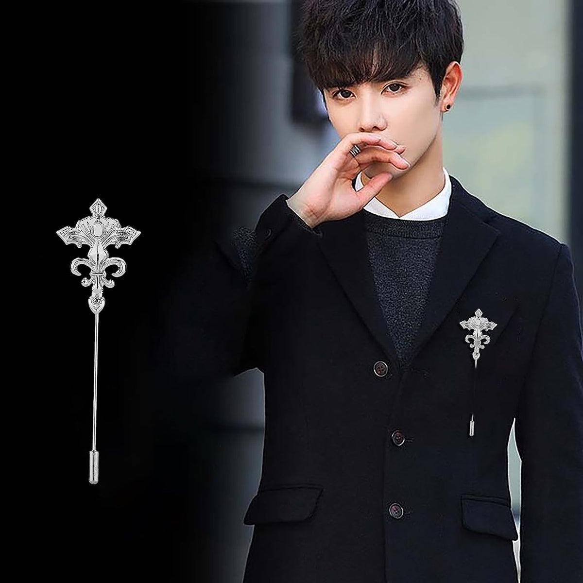 SYGA Men's Retro Crystal Flower Lapel Pin, Small Suit Brooch with CZ Stones, Silver