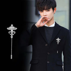 SYGA Men's Retro Crystal Flower Lapel Pin, Small Suit Brooch with CZ Stones, Silver