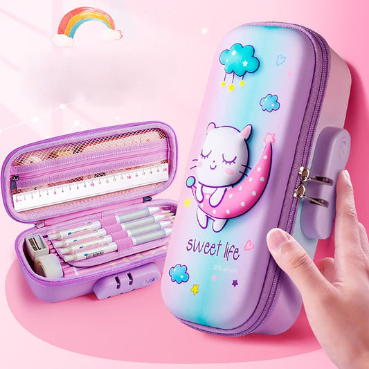 SYGA Large Capacity with Cute Cat Design, Compartment & Zipper Pencil Pouch Combination Lock, Primary School Students Kindergarten Multi-Layer Pencil Pouch for Boys and Girls (Purple)
