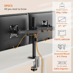 Artikel Double Monitor Desk Mount | Adjustable Heavy Duty Monitor Arms | VESA Mount with C Clamp & Grommet Mounting Base | Computer Monitor Stand for Screen up to 27 inch | Table Mounted | Black