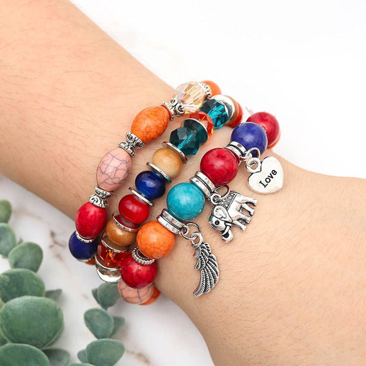 SYGA Bohemia Multilayer Bracelet, Retro Bracelet Set, Elastic Tassel Bracelet, Stackable Bracelet for Boy and Girl, Party, Holiday, Beach Accessories- Design 1