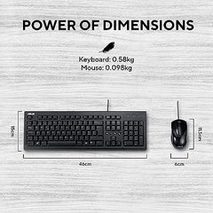 ASUS U2000 Wired Keyboard and Optical Mouse Combo, Long 150 cm Felxible Cable, 1000 dpi Optical Mouse Sensor, Compact Design (Black)