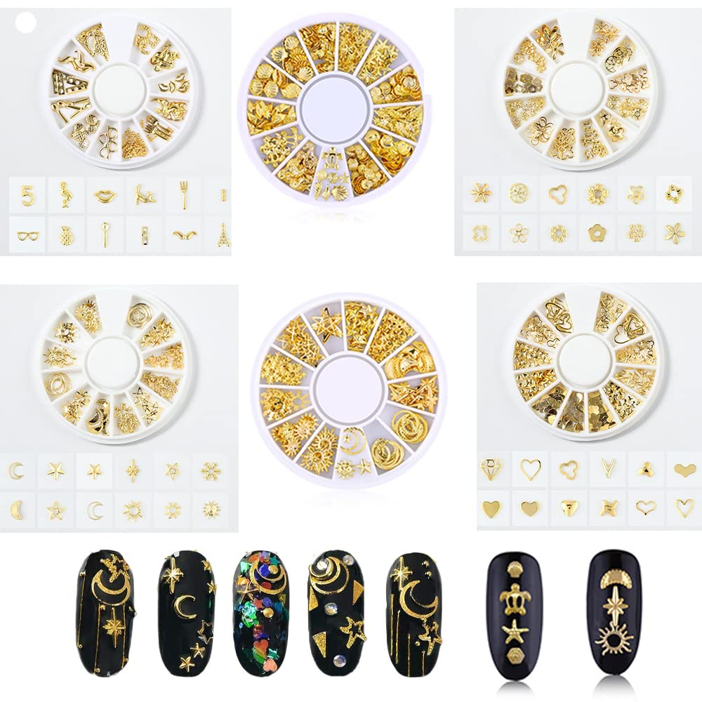 SYGA 6 Boxes Nail Art Gold Metal Decoration Nail Studs Supplies Clear Rhinestones Mix Colorful Pearls 3D Star Moon Rivet Nail Jewels Decoration