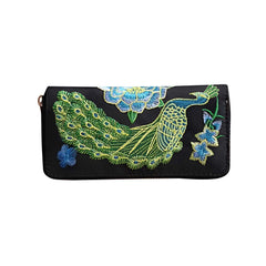 MOMISY Women's PU Leather Peacock Embroidery Clutch Purse, Handbag, Party Wedding Wallet with Zipper (Black)