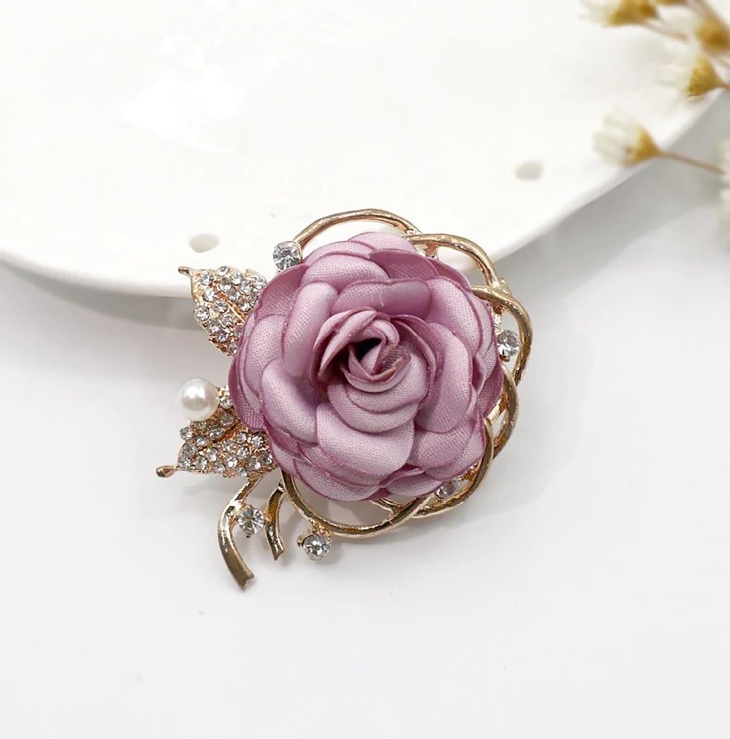 SYGA Women's Floral Brooch Pin with Rhinestones and Pearls (Purple)
