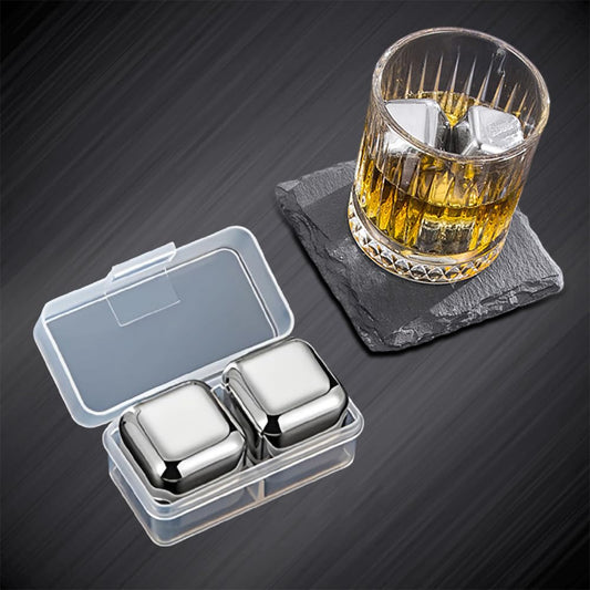 SYGA 2 Stainless Steel Whiskey Stones Ice Cubes with Container-Food Grade Quick-Frozen Ice for Wine - Metal Ice Cubes for Chilling Red Wine