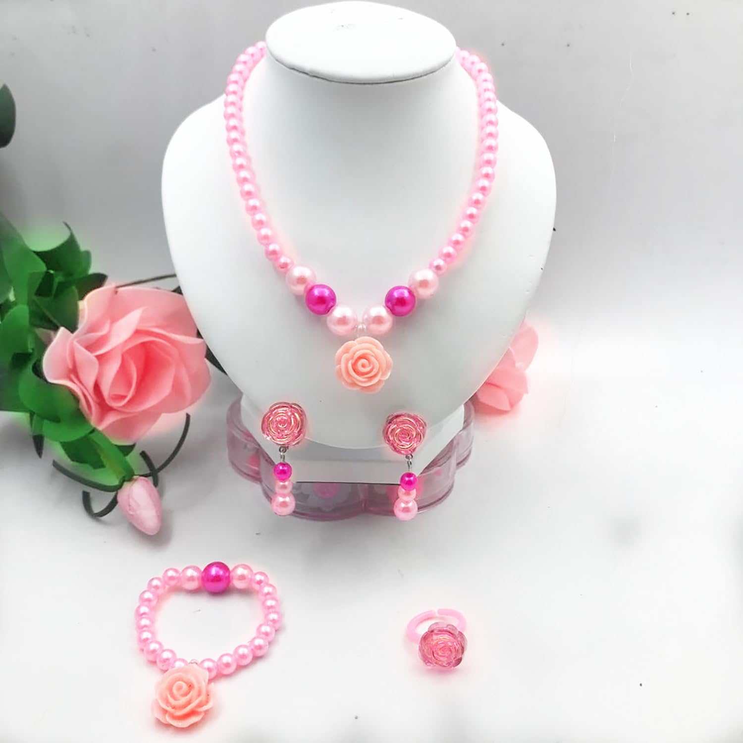 SYGA Children's Five-Piece Set Jewelry Set for Girls, Necklace, Earrings, Bracelet and Ring For Kids, Girl, Gift, Party (Red)