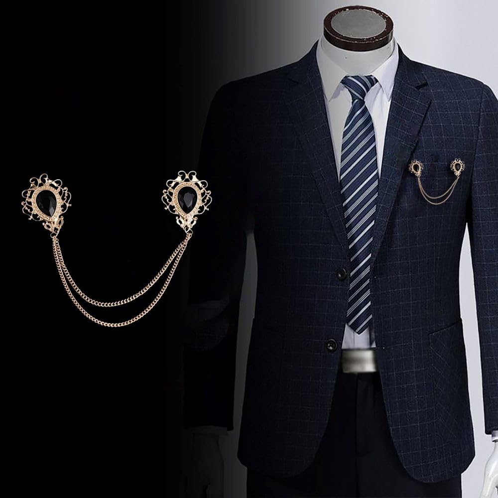 SYGA Men's & Women Suit Shirt Stud Lapel Pin Chain Tassel Brooch Pin with Crystal Chain(Vintage black gemstone)