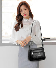 SYGA Leather Women's Shoulder Messenger Bag with Zipper Pockets (Black)