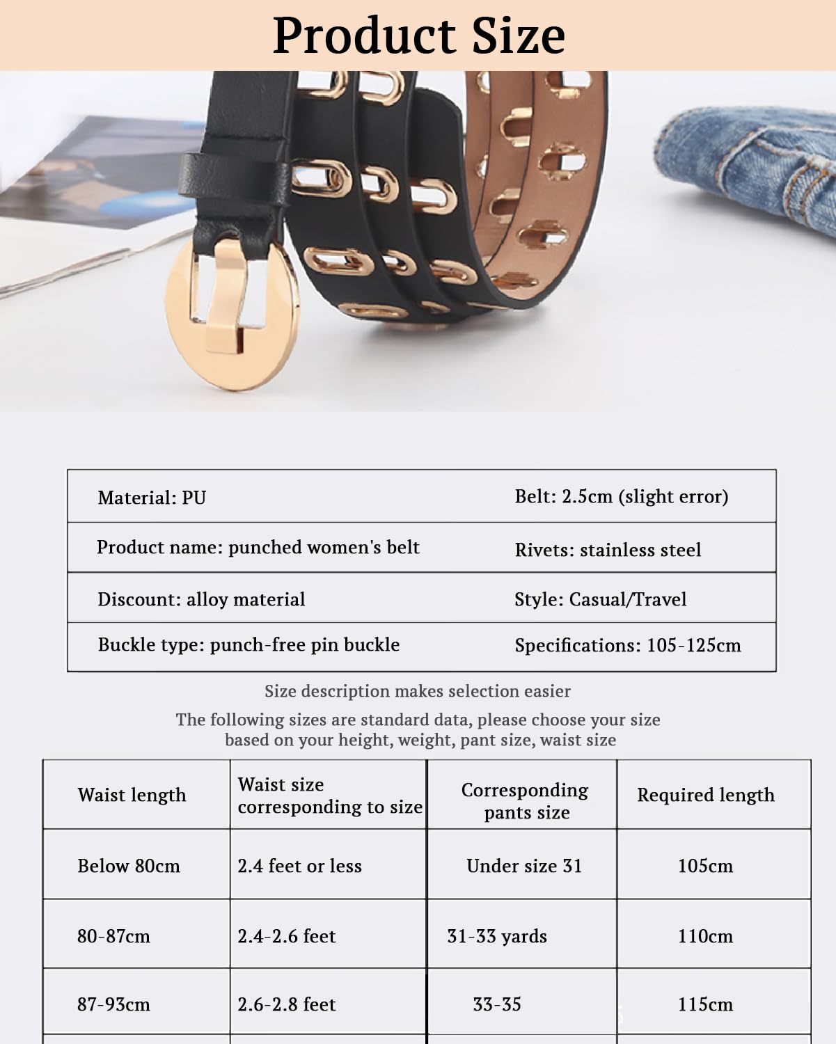 SYGA Women's Gold Oval Eyelet Belt Round Button Jeans Belt(Black)
