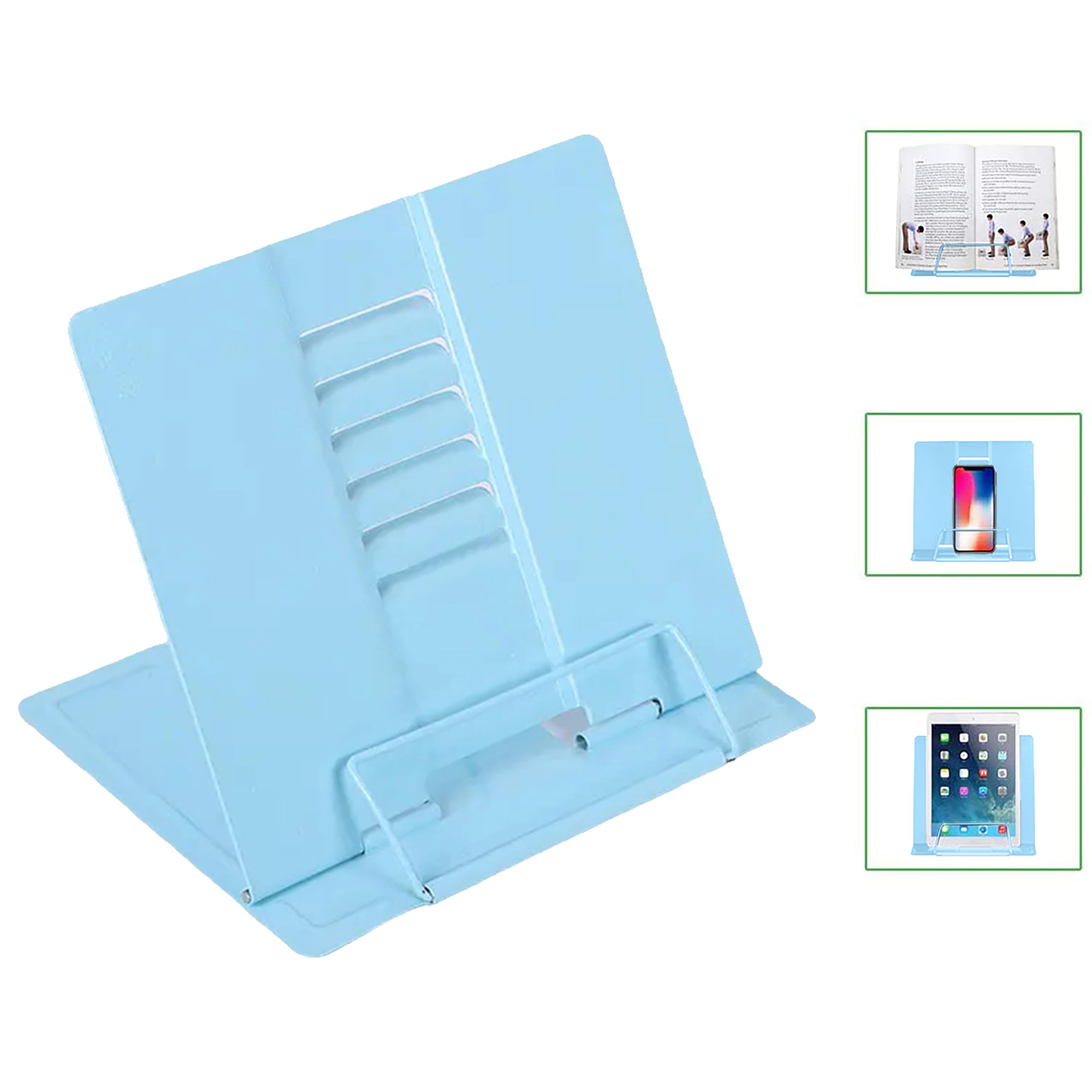 SYGA Reading Bookshelf Metal Mini Book Stand,Book Holder, Hands Free, Adjustable Cookbook,Documents Holder, Portable Bookstand for Music Books, Textbook, Recipe,Tablet, Ipad(Blue)