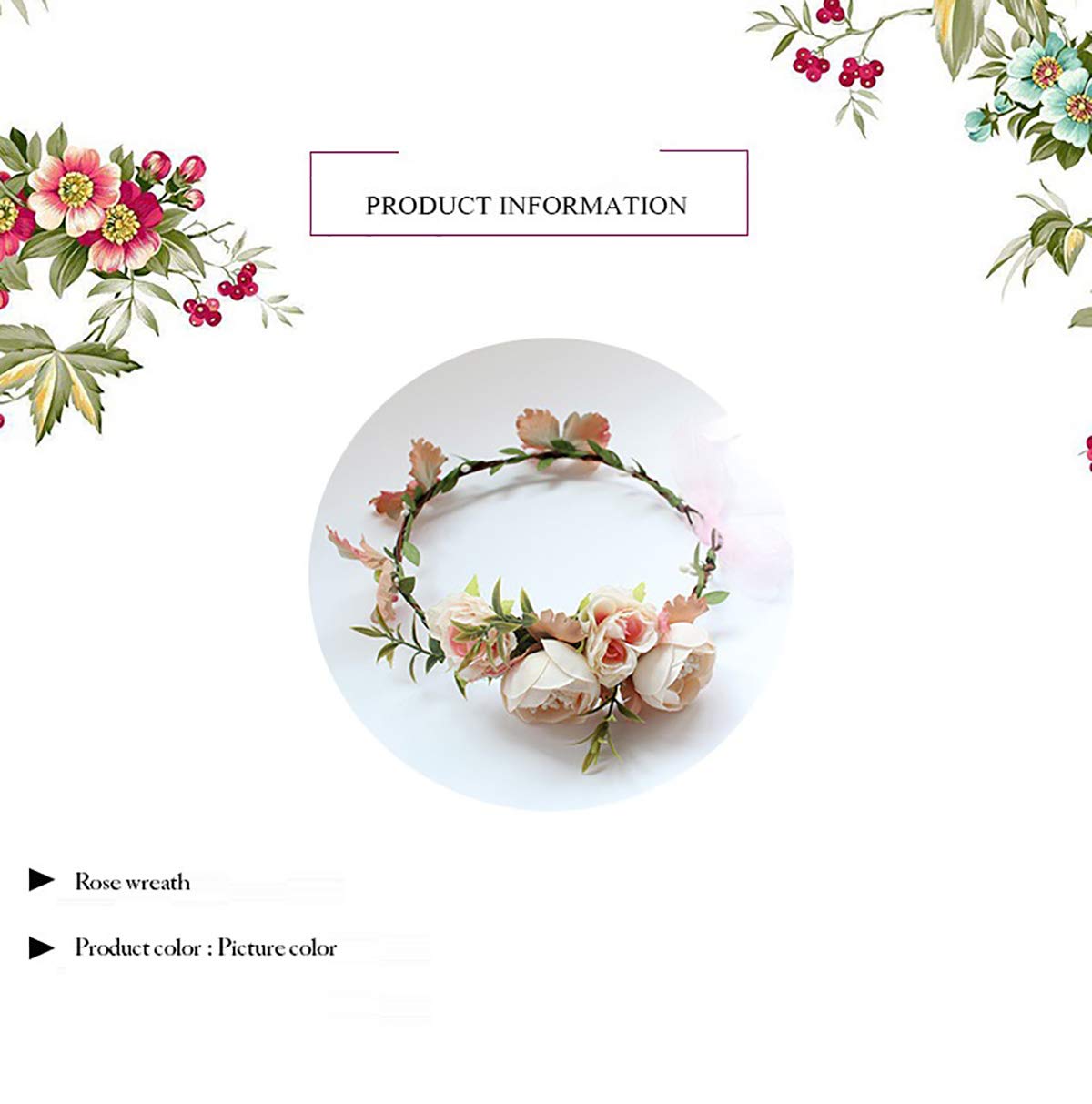 SYGA Women One Side Rose Floral Crown Hair Wreath Leave Flower Tiara Headband with Adjustable Ribbon