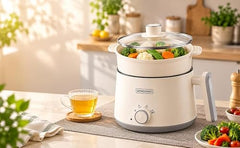 Multi Cook Electric Kettle with Steamer features 1.2L inner pot, double layered body, variable temperature control and wide mouth design. Ideal for tea, coffee, eggs, vegetables and boiling.