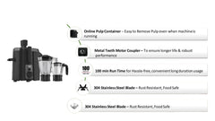 Havells Hexo 950 Watt Juicer Mixer Grinder | Copper Motor with Double Ball Bearing | 2 Jars (Polycarbonate & SS) | 22000 RPM | 100 Min Continuous Run | Metal Teeth Coupler | (Black & Silver)