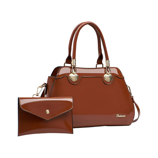 SYGA 2-Piece Women's Glossy Handbag with Matching Wallet | Elegant Shell Design Tote Bag with Gold Hardware