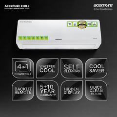Acerpure Chill Inverter Split Air Conditioner 1.5 ton 3 star, 4 in 1 convertible design, Anti-virus Filter, Blue Fin Technology Air Conditioner (White)