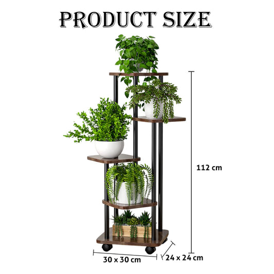 STANSY 5 Tier Plant Stand with Wheels | Multi-Layer Metal Flower Shelf for Indoor & Outdoor Use | Heavy-Duty Wooden Laminate Display Stand for Home, Balcony, Living Room(Mocha Brown + Black 112cm)