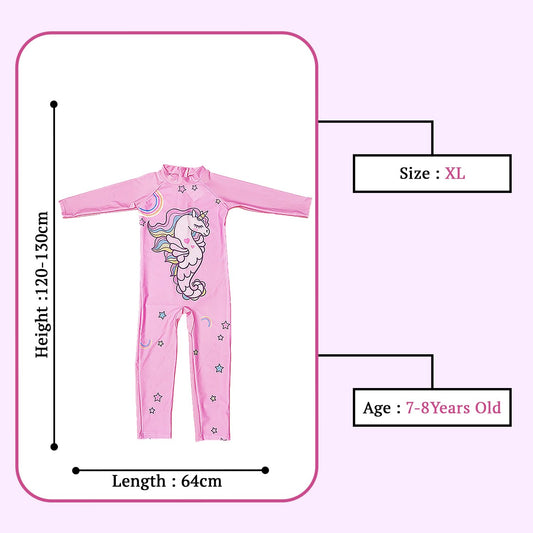 SYGA Children's Swimsuit Long Sleeve Seahorse Unicorn-XL Size Perfect for Kids Age 7-8 Years Old (Pink)