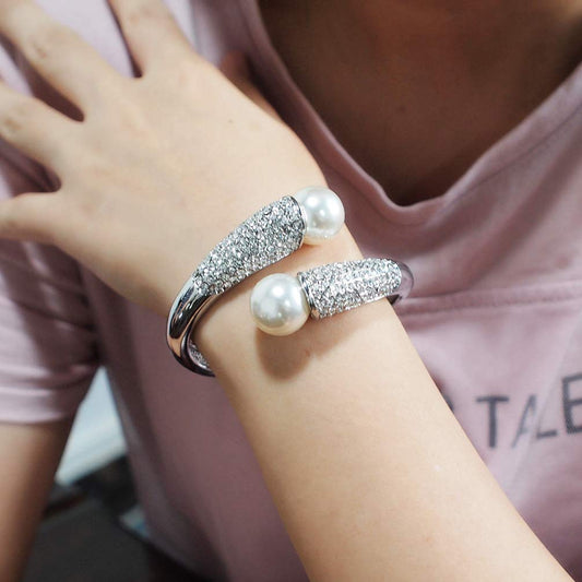 SYGA Rhinestone Openable Bracelet with White Diamonds Pearl Alloy Bracelet For Women - Gold