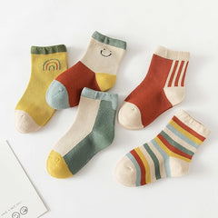 MOMISY 5 Pairs Girl Boys Tube Socks Toddlers Infant Solid Color Boat Spring and Autumn Socks Stretch Baby kids Sock (IN, Age, 12 Months, 3 Years, Rainbow Smiley)