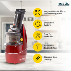 Hestia Nutri-Max Cold Press Slow Juicer, 240 W motor | Patented Auger technology for 3x more juice | 3 Strainers for Juices, Sorbets, Nut Milk, etc | Longest warranty, easy usage | Red Wine