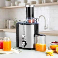 Borosil Primus Plus Juicer, 500 W, Stainless Steel Centrifugal Juicer, 1.25 L Pulp Collector, 64 mm Feed Chute, Silver