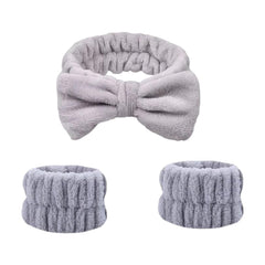MOMISY Face Wash Headband and Wristband Set for women ladies female and girls, Stretchy Bowknot Design, Super Absorbent Flannel, for Face Washing, Makeup, Yoga (Grey, Free)