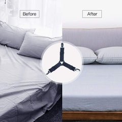 MOMISY Bed Sheet Holder Straps | Adjustable Fastener and 3 Way Mattress Cover Holder Fasteners | The Triangle Keeper with Heavy Duty Grippers Clips Black Triangle (4pc/Set) (Black)