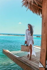 MOMISY Women's Summer Beach Dress White Long Sleeve Square Neck Lace Hollow Crochet Bikini Cover Up Beachwear Dress - White