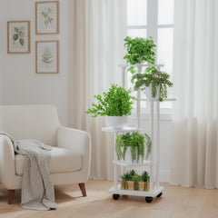 STANSY 5 Tier Plant Stand with Wheels | Multi-Layer Metal Flower Shelf for Indoor & Outdoor Use | Heavy-Duty Wooden Laminate Display Stand for Home, Balcony, Living Room(White Wood + White,112cm)