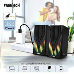FRONTECH 2.0 USB Powered Multimedia Speakers with RGB Lights | 2 x 3W Drivers (5.2 cm) | AUX Connectivity | for Laptop, PC, Mobile | 1 Year Warranty (SPK-0006, Black)