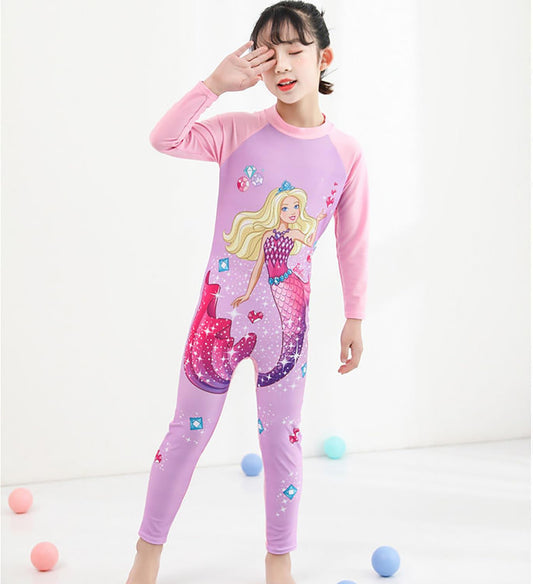 SYGA Children's Swimsuit Long Sleeve Yellow Hair Barbie Mermaid-L Size Perfect for Kids Age 5-6 Years Old (Purple)