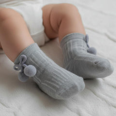 MOMISY Baby Cotton Knee-High Socks, Long Tube Style, 2/3 Pairs, Pom Design (IN, Age, 0 Months, 12 Months, 2, GreyWhite)
