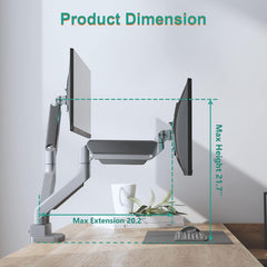 Jin Office Heavy Duty Dual Monitor Stand with Gas Spring Height Adjustment for 13-35" Monitors | Adjustable Double Monitor Arm | 2 Monitors Desk Mount | 15 KG Weight Capacity per Arm (Premium Silver)