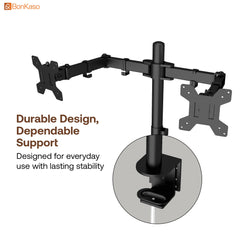 BonKaso Dual Monitor Stand for Desk | Height Adjustable Alloy Steel Arm Mount for 13”–27” Screens | 360° Rotation, Tilt & Swivel, Cable Management, Space-Saving Dual Arm Monitor Mount (Black & White)