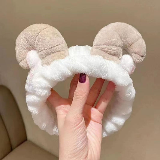 MOMISY Elastic Women's Lovely Hair Band Wash Face Spa Headband-Washable Facial Band Makeup Wrap Headbands Fits All Head Sizes (Sheep Horn White Khaki)