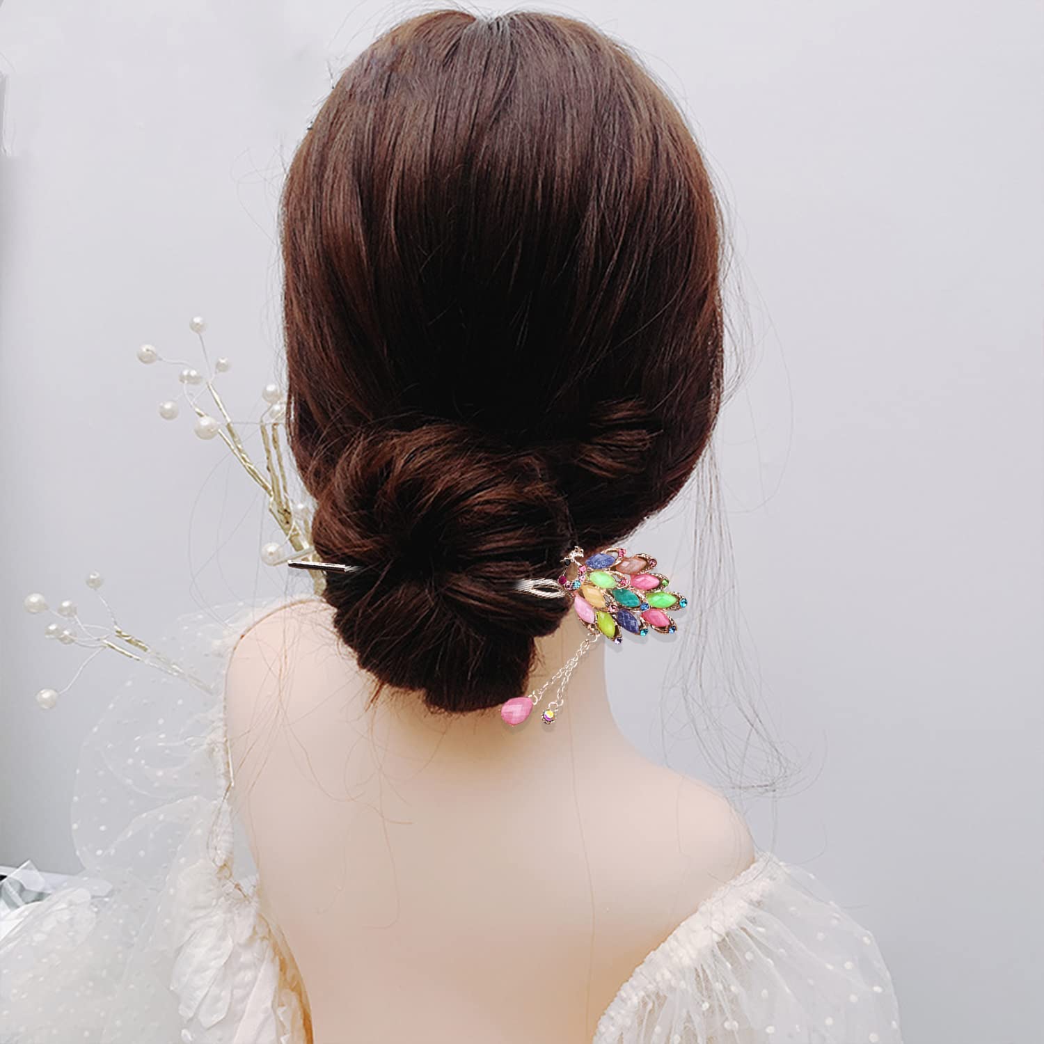 SYGA 1 Piece Ancient Style Pearl Metal Hair Stick Crystal Rhinestones Hair Stick(16 CM) For Women Girls