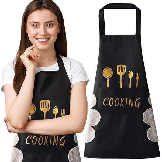 MOMISY Waterproof Kitchen Apron, Cooking Apron with Pockets, Side Towel for Hand Wiping, Suitable for Men and Women (Black)