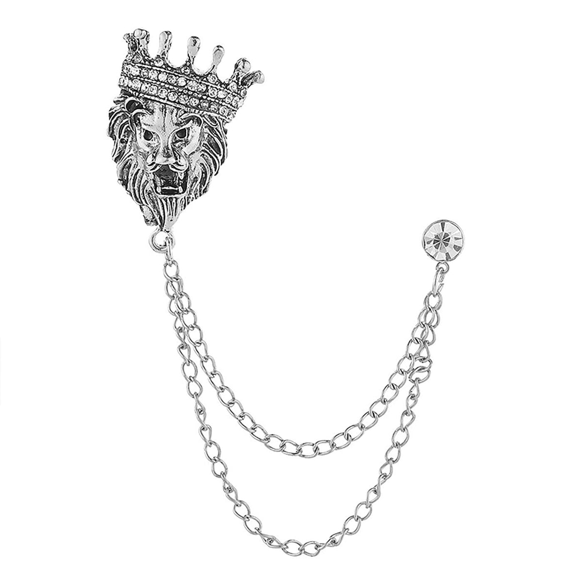 SYGA Men's & Women Classic Animal Lion Head Corsage Suit With Eagle Chain Lapel Pin Tassel Brooch Pin with Crystal Chain(Ancient silver crown lion head)