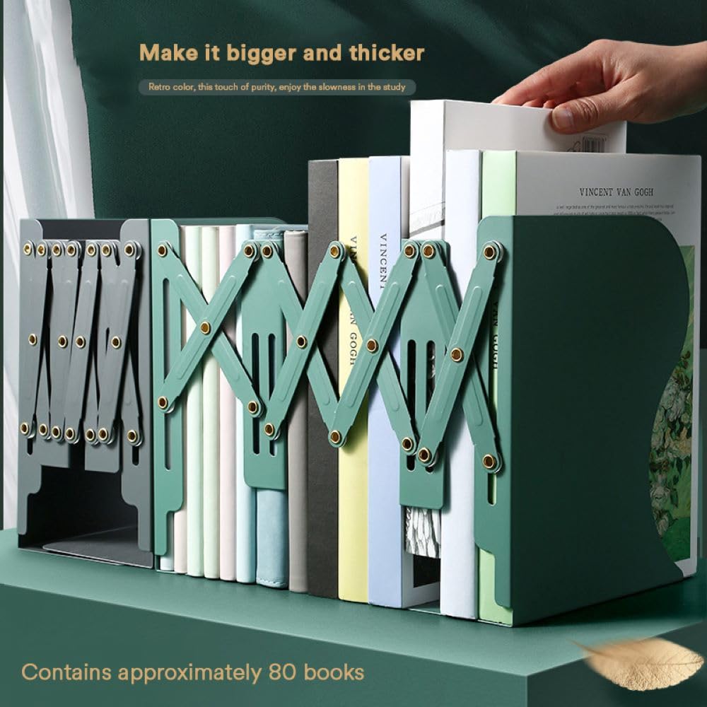 SYGA Bookends for Shelves, Book Organizer for Desk, Metal Bookends for Heavy Books, Book Holders for Shelves, Adjustable Decorative Bookends for Home Office(Dark Green)