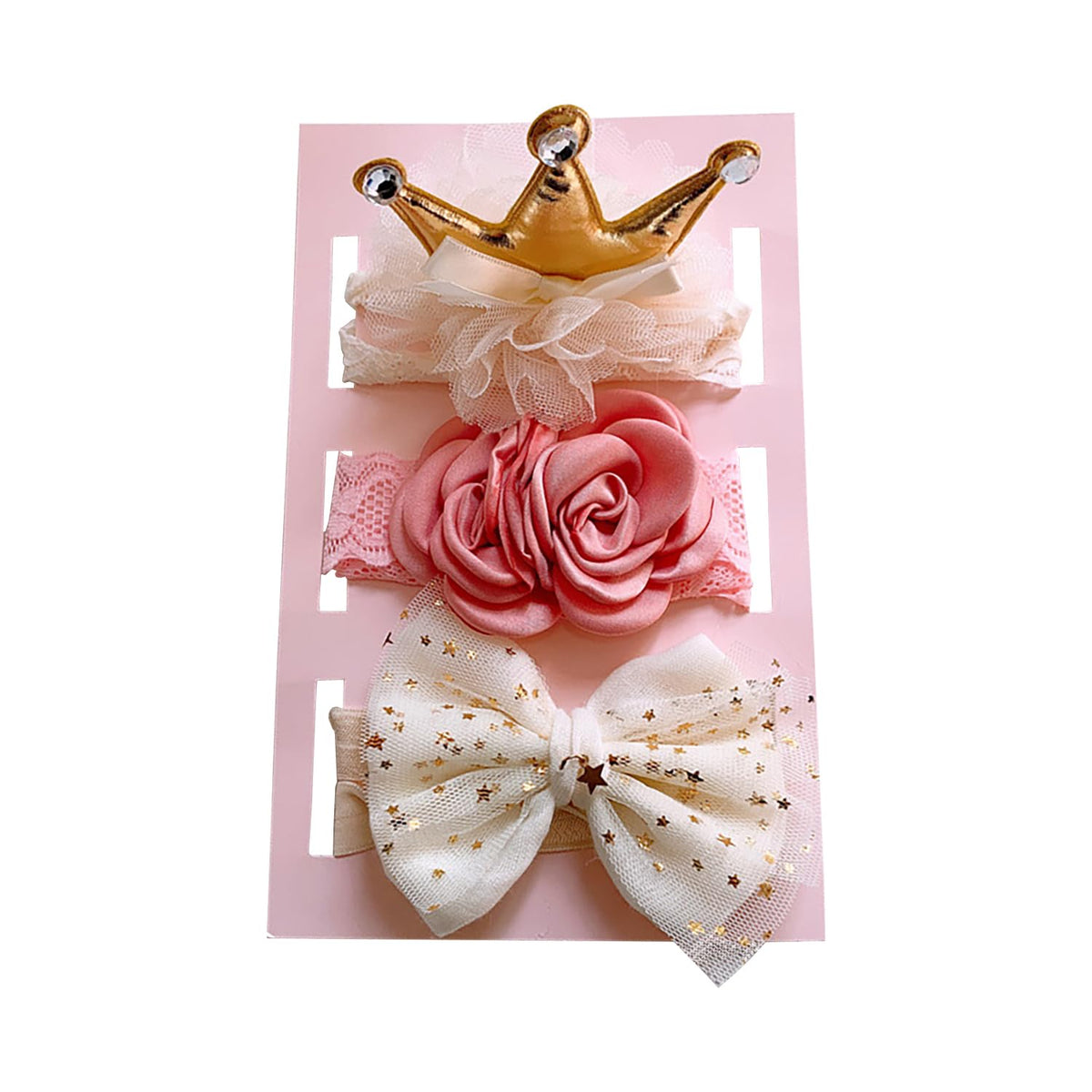 SYGA 3 Pcs Baby Girl Headband Soft Flower Bow Strechable Hairband Suitable For Newborns, Infants, Toddlers and Kids 0-3 Years(Golden Crown Double Flower)