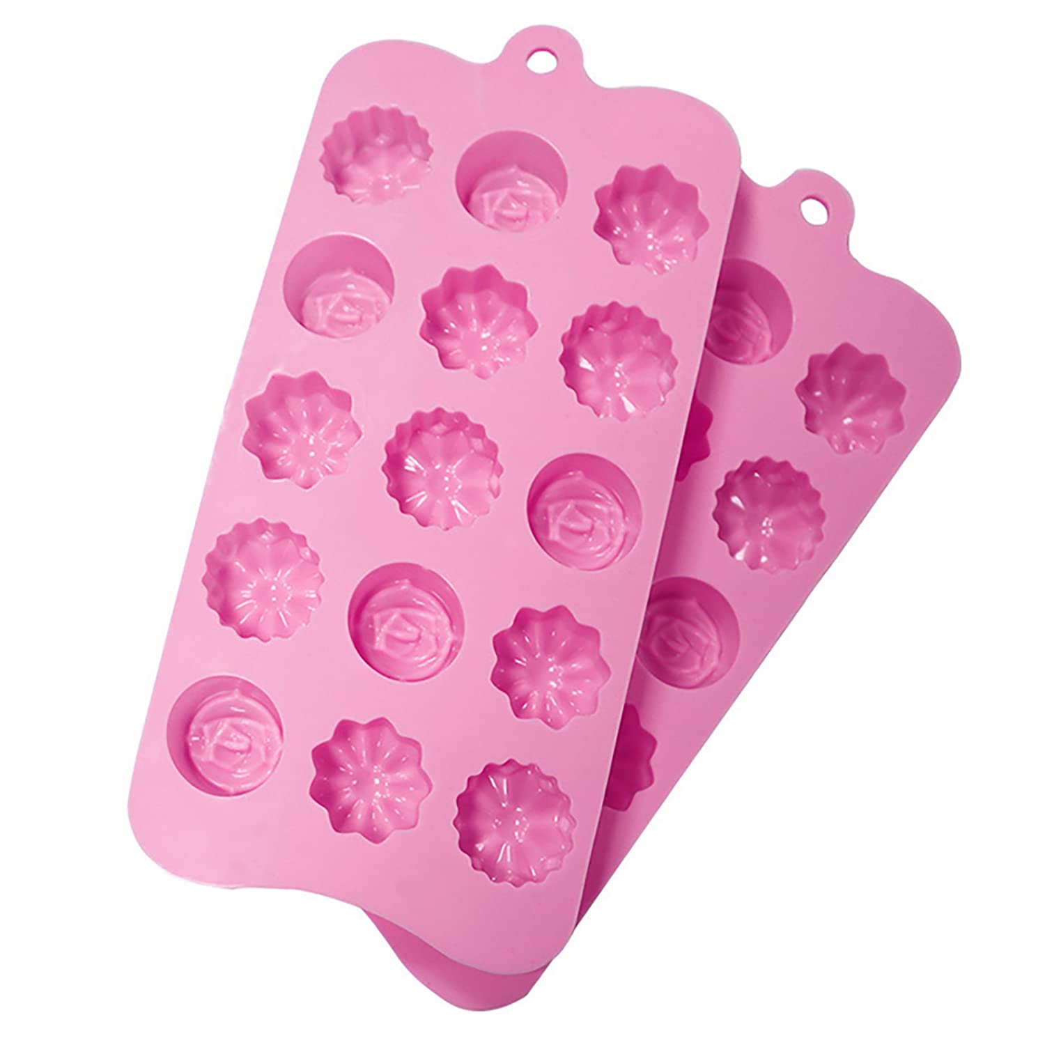 SYGA Silicone Rose & Candy Flowers Shape Chocolate Jelly Candy Mold, Cake Baking Mold, 15-Cavity Bakeware Mould, Pink